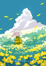 1boy 2024 2d anthro asriel_dreemurr clouds copyright_name day digital_media english_text field floppy_ears flower fur furry furry_male goat goat_boy goat_ears goat_horns green_shirt highres horns male mammal monster monster_boy outdoors petals plant sakekuzu_no_ame sky solo striped_shirt text undertale white_fur white_horns wide_shot yellow_flower yellow_petals