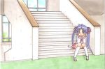  artist_request blue_eyes blue_hair hiiragi_kagami indoors long_hair lucky_star rodeorodeo school_uniform shoes sitting skirt solo stairs twintails 