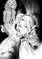  2boys cloak dungeon_meshi elf gapamopa greyscale half_up_braid highres hood hooded_cloak kneeling looking_at_viewer male_focus medium_hair mithrun mithrun_(young) monochrome multiple_boys pointy_ears snake tunic wavy_hair 