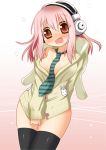  1girl blush bunny cardigan headphones minami_(colorful_palette) naked_cardigan necktie nitroplus rabbit super_sonico sweater thigh-highs thighhighs 