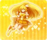  bad_id blonde_hair boots bow bowtie cure_peace double_v dress kise_yayoi long_hair magical_girl precure ribbon skirt smile_precure! takahashi_(te6-6ba) v yellow yellow_background yellow_dress yellow_eyes 