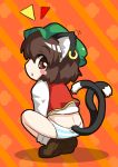  animal_ears blush_stickers brown_eyes brown_hair cat_ears cat_tail chen chibi ear_piercing earrings hat jewelry mesou-san multiple_tails no_pants open_mouth panties piercing shirt short_hair solo squatting striped striped_panties tail touhou turning underwear vest 