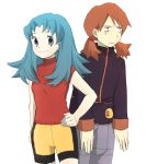  blue_eyes blue_hair crystal_(pokemon) hifumi_(aiueonigiri) long_hair pokemon pokemon_(game) pokemon_gsc red_hair redhead silver_(pokemon) simple_background smile twintails 