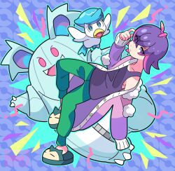  1girl :d beak bird blue_eyes dot_(pokemon) duck frown full_body green_pants hair_over_eyes highres jacket looking_at_viewer mascot_costume multicolored_hair nidothing open_mouth pants pink_hair pink_jacket pokemon pokemon_(anime) pokemon_(creature) pokemon_horizons purple_background purple_hair purple_shirt quaxly shirt simple_background slippers smile sutokame violet_eyes 