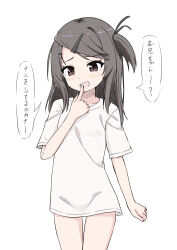  1girl :d blush brown_eyes brown_hair collarbone commentary_request hair_ornament hairclip highres long_hair looking_at_viewer one_side_up original shirt short_sleeves simple_background smile solo standing swept_bangs takasuma_hiro thigh_gap translation_request white_background white_shirt 
