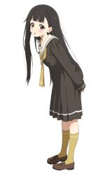  1girl :p absurdres black_hair blush brown_eyes brown_footwear commentary_request full_body highres kneeling loafers long_hair long_sleeves looking_at_viewer make_heroine_ga_oo_sugiru! neckerchief nukumizu_kaju sailor_collar school_uniform shoes simple_background sincos socks solo tongue tongue_out white_background white_sailor_collar yellow_neckerchief yellow_socks 