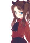  blue_eyes brown_hair child fate/zero fate_(series) hair_ribbon long_hair pypyxx ribbon simple_background solo tohsaka_rin toosaka_rin twintails young 