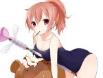  bad_id blush breasts cleavage food inu_x_boku_ss large_breasts one-piece_swimsuit pink_eyes pink_hair pocky ponytail roromiya_karuta soburi solo swimsuit tanuki 