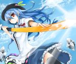  black_legwear blue_hair frills from_below haik hat highres hinanawi_tenshi lens_flare long_hair red_eyes rock sky smile solo sword sword_of_hisou thigh-highs thighhighs touhou weapon 