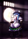  blue_dress blue_hair boots chair chipika dress food fruit hat head_rest highres hinanawi_tenshi long_hair peach red_eyes round_window sitting solo sunlight touhou window 