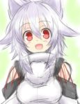  animal_ears blush breasts bust detached_sleeves inubashiri_momiji looking_at_viewer open_mouth red_eyes silver_hair smile solo touhou white_hair wolf_ears yu-ves 