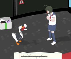  1girl ahoge animalization bird black_sailor_collar black_skirt black_thighhighs brown_hair danganronpa_(series) danganronpa_2:_goodbye_despair danganronpa_another_episode:_ultra_despair_girls goose kmnm_1403 komaeda_nagito megaphone miniskirt monokuma mouth_hold necktie red_necktie sailor_collar school_uniform servant_(danganronpa) short_hair skirt standing thigh-highs untitled_goose_game white_footwear 