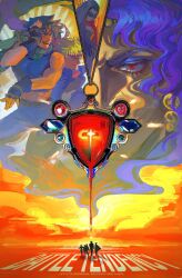  1girl 6+boys battle_tendency blending blonde_hair brown_hair caesar_anthonio_zeppeli circlet copyright_name crop_top cross earrings eyelashes eyeshadow fingerless_gloves gem gloves green_eyes hand_on_own_face hand_up headband highres iggy_(jojo) jean_pierre_polnareff jewelry jojo_no_kimyou_na_bouken joseph_joestar kakyoin_noriaki kars_(jojo) kujo_jotaro lisa_lisa long_hair makeup mohammed_avdol multiple_boys muscular muscular_male open_mouth orange_sky purple_eyeshadow purple_hair red_eyes red_gemstone red_scarf red_stone_of_aja scarf short_hair silhouette sky sleeveless smile split_screen star_(symbol) stardust_crusaders sunglasses uu0000322 v-shaped_eyebrows walking wavy_hair 