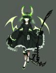  black_dress black_hair black_rock_shooter claws dead_master dress frills full_body glasses glowing glowing_eyes green_eyes grey_background highres horns kirisato_itsuki multiple_girls neon_trim scythe shoes simple_background solo standing veil weapon wings 