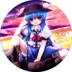  album_cover blue_dress blue_hair boots chipika cover dress food fruit hat hinanawi_tenshi long_hair open_mouth peach red_eyes sitting sky smile solo touhou 