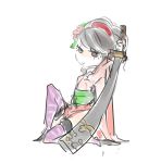  black_hair brown_eyes chibi chibibro drawfag flower hair_comb hair_flower hair_ornament highres japanese_clothes katana kimono momohime obi oboro_muramasa purple_legwear short_kimono solo sword thigh-highs thighhighs vanillaware weapon 