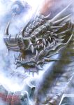  akio_(artist) armor dragon fangs fog gigandal horns monster pixiv_fantasia pixiv_fantasia_3 red_hair redhead scales sharp_teeth solo tusks white_eyes wings 