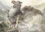  beak building feathers fog griffin lion_tail monster mountain muscle no_humans pixiv_fantasia pixiv_fantasia_3 roaring ruin ruins scales solo tail tongue wings yellow_eyes 