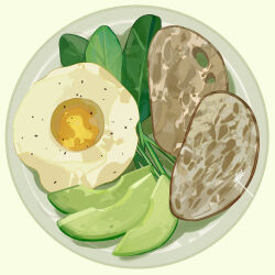  avocado bread commentary egg_(food) english_commentary food food_focus fried_egg leaf original pepper_(spice) plate saiga_tokihito simple_background sourdough_bread spinach white_background 