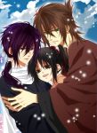  2boys :d bad_id blue_eyes brown_eyes brown_hair green_eyes hakuouki_shinsengumi_kitan hug japanese_clothes long_hair multiple_boys okita_souji_(hakuouki) open_mouth ponytail purple_hair saitou_hajime_(hakuouki) scarf smile tohikou yukimura_chizuru 