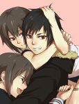  black_hair boxcutter brother_and_sister brown_eyes brown_hair buruma closed_eyes coat durarara!! eyes_closed glasses grin gym_uniform hand_on_head happy headlock hug open_mouth orihara_izaya orihara_kururi orihara_mairu school_uniform serafuku shiromi_(ringo) short_hair siblings sisters smile stabbing 