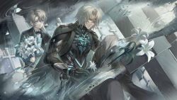  2boys absurdres black_bow black_bowtie black_jacket black_pants blue_eyes bouquet bow bowtie character_request closed_mouth commentary_request eyepatch flower graveyard grey_theme highres holding holding_bouquet jacket jacket_on_shoulders kongzao male_focus mechabare mechanical_arms mechanical_hands mourning multiple_boys on_one_knee pants punishing:_gray_raven rain reflection reflective_water shirt short_hair tombstone tuxedo watanabe:_epitaph_(pgr) watanabe_(pgr) white_flower white_hair white_shirt yellow_eyes 