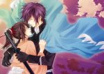  1girl bad_id black_gloves blush brown_hair closed_eyes eyes_closed gloves hakuouki_shinsengumi_kitan jacket japanese_clothes long_hair ponytail purple_hair saitou_hajime_(hakuouki) short_hair sword tohikou weapon yukimura_chizuru 