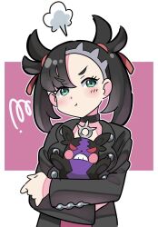  1girl angry asymmetrical_bangs black_choker black_fur black_hair black_jacket blush choker closed_mouth dress eyelashes green_eyes hair_ribbon highres holding holding_pokemon jacket long_sleeves looking_at_viewer marnie_(pokemon) morpeko morpeko_(hangry) pink_dress pokemon pokemon_(creature) pokemon_swsh purple_fur red_eyes red_ribbon ribbon simple_background sutokame twintails white_background 