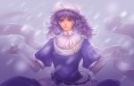  adapted_costume elbow_gloves gloves hat lavender_eyes lavender_hair letty_whiterock light_smile purple sheryth short_hair snowflakes solo touhou 