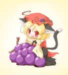  aki_minoriko animal_ears arinu blush cat_ears cat_tail fang food food_themed_clothes fruit grapes hat highres kemonomimi_mode long_sleeves open_mouth red_eyes short_hair solo tail touhou wide_sleeves 
