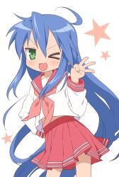 1girl :3 ;d ahoge arm_behind_back blue_hair blush buchi_(y0u0ri_) commentary cowboy_shot green_eyes highres izumi_konata long_hair long_sleeves looking_at_viewer lucky_star mole mole_under_eye neckerchief one_eye_closed open_mouth pink_neckerchief pleated_skirt red_sailor_collar red_skirt ryouou_school_uniform sailor_collar school_uniform serafuku skirt smile solo standing star_(symbol) three-finger_salute very_long_hair white_background 