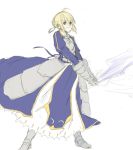  ahoge armor armored_dress blonde_hair braid drawfag dress excalibur fate/stay_night fate/zero fate_(series) french_braid gauntlets greaves green_eyes invisible_air saber simple_background solo sword weapon white_background 