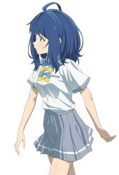  1girl absurdres ahoge blue_bow blue_bowtie blue_eyes blue_hair bow bowtie highres looking_to_the_side make_heroine_ga_oo_sugiru! pleated_skirt school_uniform shirt short_sleeves sincos skirt solo standing white_background white_shirt yanami_anna yellow_bow yellow_bowtie 