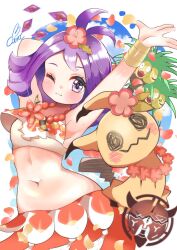  1girl acerola_(pokemon) acerola_(sygna_suit)_(pokemon) alolan_exeggutor arm_behind_head arms_up artist_name bead_necklace beads blue_sky blush bracelet breasts carrot_summer closed_mouth clouds crop_top eyelashes flower flower_necklace hair_flower hair_ornament highres jewelry medium_breasts midriff mimikyu navel necklace one_eye_closed pokemon pokemon_(creature) pokemon_masters_ex purple_hair red_skirt shirt short_hair skirt sky sleeveless sleeveless_shirt tassel topknot violet_eyes white_shirt z-crystal 