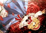  alice_margatroid bangs blonde_hair blue_eyes book bow capelet dress floral_background flower frills grimoire headband long_sleeves open_mouth outstretched_arm petals rose rose_petals short_hair solo thorns touhou yuki_201 