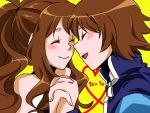  blush brown_hair closed_eyes couple eyes_closed hand_holding hands_clasped holding_hands hoodie interlocked_fingers open_mouth pokemon pokemon_(game) pokemon_bw ponytail simple_background smile touko_(pokemon) touya_(pokemon) yellow_background 
