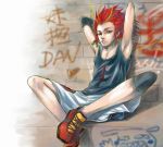  armpits arms_up basketball_uniform basquash! blue_eyes dan_jd elbow_pads graffiti hairlocs knee_pads male mouth_hold red_hair redhead shoes shorts sitting sneakers solo spiked_hair spiky_hair sportswear 