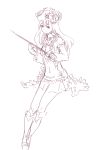  boots breasts bustier captain_liliana drawfag frills hat highres jolly_roger knee_boots long_hair monochrome pirate_hat queen&#039;s_blade queen&#039;s_blade_rebellion queen's_blade queen's_blade_rebellion sketch skirt skull_and_crossbones skull_and_crossed_swords solo sword weapon 