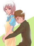  blue_eyes brown_hair closed_eyes couple eyes_closed formal glasses hand_holding hand_on_waist head_on_shoulder highres holding_hands husband_and_wife ikari_gendou ikari_yui masaki3 neon_genesis_evangelion no_beard over-rim_glasses pregnant semi-rimless_glasses short_hair suit yellow-framed_glasses young 