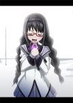  1girl akemi_homura bespectacled black_hair braid closed_eyes crying eroquis glasses hairband hands_clasped letterboxed long_hair lowres magical_girl mahou_shoujo_madoka_magica red-framed_glasses semi-rimless_glasses skirt solo soul_gem tears twin_braids under-rim_glasses 