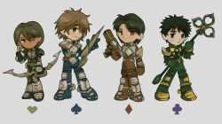  4boys absurdres aikawa_hajime armor belt black_hair blay_buckle blue_eyes bodysuit brown_hair card club_(shape) diamond_(shape) green_eyes grey_background gun heart highres holding holding_weapon kamen_rider kamen_rider_blade kamen_rider_blade_(series) kamen_rider_chalice kamen_rider_garren kamen_rider_leangle kamijo_mutsuki kenzaki_kazuma m1ontee mask multiple_boys red_eyes rider_belt rider_card short_hair spade_(shape) standing sword tachibana_sakuya_(kamen_rider_blade) tokusatsu unworn_mask violet_eyes weapon 