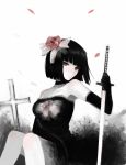  bare_shoulders black_hair bob_cut choker cross dress durarara!! elbow_gloves emotionless expressionless falling_petal flower gloves hair_flower hair_ornament katana pale_skin petals short_hair sitting sonohara_anri spot_color sword weapon white_skin zuizi 