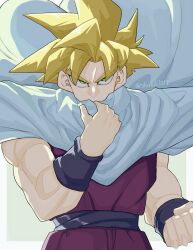  1boy blonde_hair blue_wristband border cape clenched_hand commentary_request cowboy_shot dougi dragon_ball dragon_ball_z floating_cape green_eyes highres looking_up male_focus muscular muscular_male purple_dougi shirofal028 solo son_gohan spiky_hair super_saiyan v-shaped_eyebrows white_border white_cape 