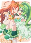  2girls arm_warmers bike_shorts cure_march cure_sunny detached_sleeves dress gloves green_bike_shorts green_dress green_eyes green_hair hair_bun hino_akane long_hair magical_girl midorikawa_nao multiple_girls open_mouth orange_eyes orange_hair ponytail precure princess_carry princess_form_(smile_precure!) ribbon rimoko shoes shorts_under_skirt skirt smile smile_precure! tiara tri_tails wink 