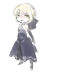  bare_shoulders black_dress blonde_hair boots braid chibi chibibro detached_collar drawfag dress elbow_gloves fate/stay_night fate/unlimited_codes fate_(series) french_braid gloves green_eyes highres saber saber_alter solo 