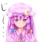  1girl :&lt; bad_id bow bust crescent dress hair_bow hat highres koruto21 patchouli_knowledge purple_eyes purple_hair ribbon solo touhou violet_eyes 