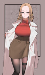 1girl absurdres azz0422 black_pantyhose blush breasts brown_background brown_hair brown_skirt coat cowboy_shot earrings eyebrows eyelashes green_eyes high-waist_skirt highres huge_breasts jewelry lab_coat long_hair oleana_(pokemon) pantyhose pokemon pokemon_swsh red_sweater simple_background skirt solo sweater white_coat