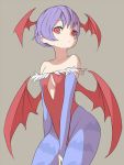  bare_shoulders bat_wings blue_legwear bridal_gauntlets capcom darkstalkers demon_girl elbow_gloves flat_chest gloves grey_background head_wings lilith_aensland open_mouth pantyhose print_pantyhose puchiman purple_hair red_eyes short_hair simple_background solo succubus vampire_(game) wings 