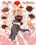  b-q blonde_hair blush cake chocolate closed_eyes dress english eyes_closed fangs food frills hair_between_eyes happy happy_valentine heart highres open_mouth rumia shirt short_hair smile solo sweets the_embodiment_of_scarlet_devil touhou typo valentine youkai 