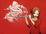  brown_hair flute instrument off_one_shoulder red red_eyes solo sweater vl 